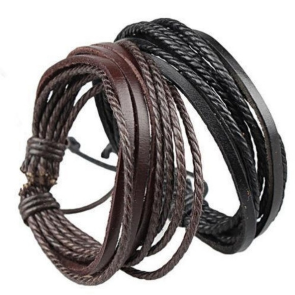 Brown or Black Unisex Layered Leather Tie Bracelet - Picture 2 of 8